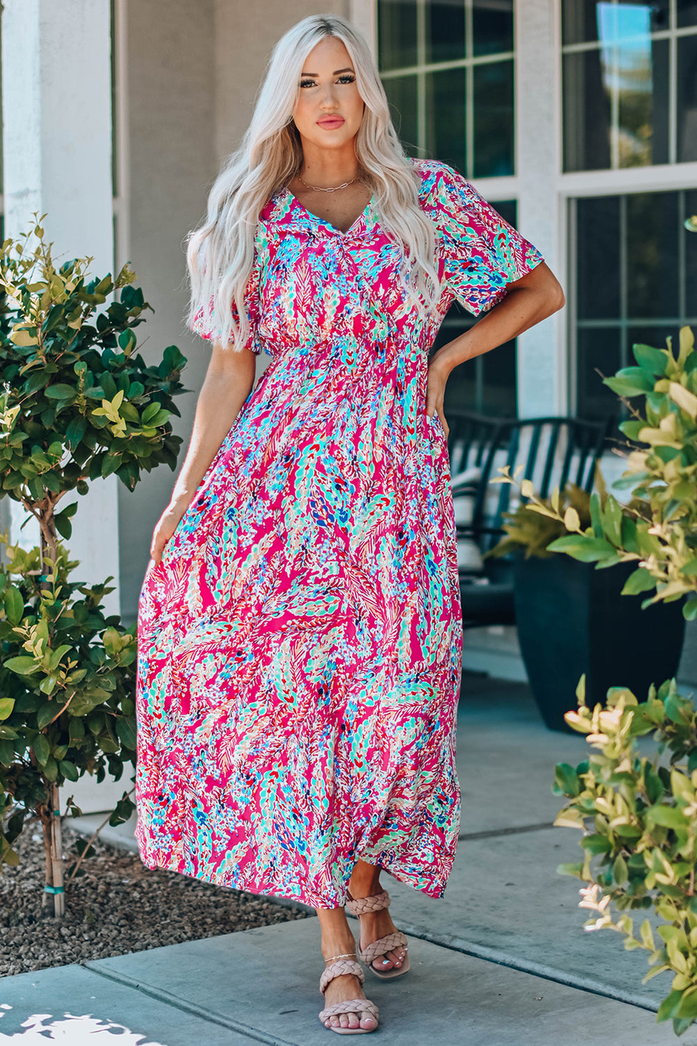 Multicolored V-Neck Maxi Dress - felvior