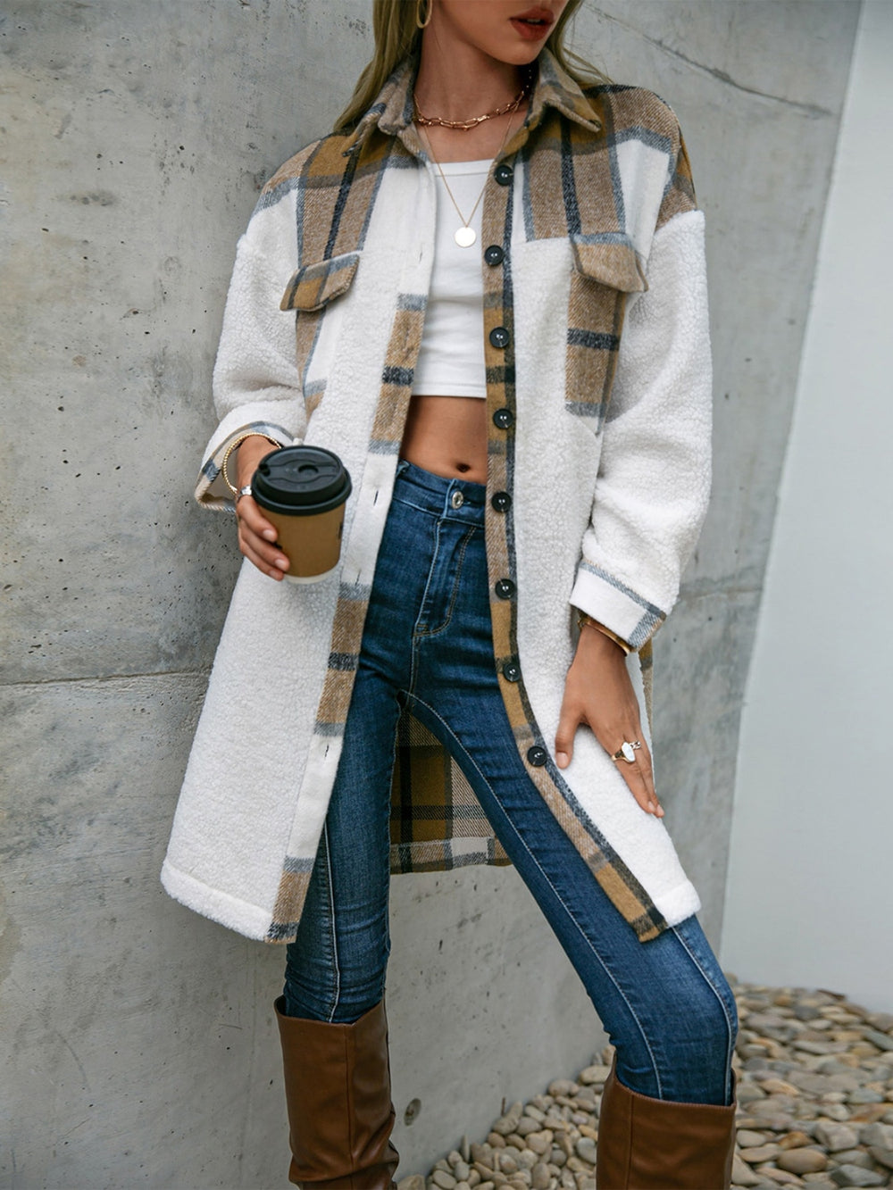 Plaid Dropped Shoulder Longline Coat - felvior
