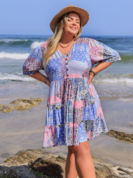 Plus Size Printed V-Neck Tiered Mini Dress - felvior