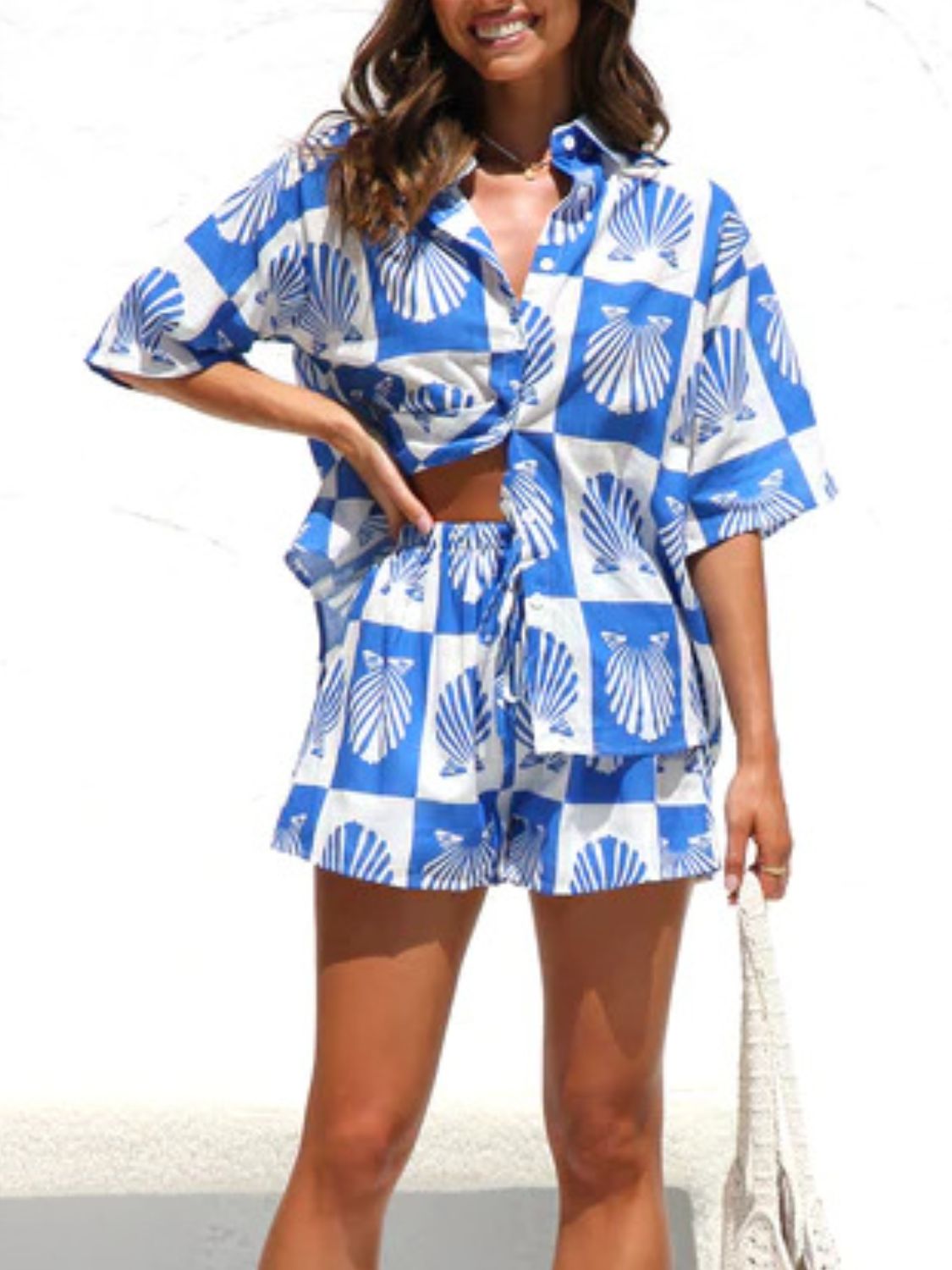 Printed Button Down Short Sleeve Top and Shorts Set