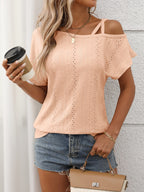 Eyelet Asymmetrical Shoulder Short Sleeve T-Shirt