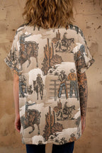 Cowboy Print Round Neck Short Sleeve T Shirt