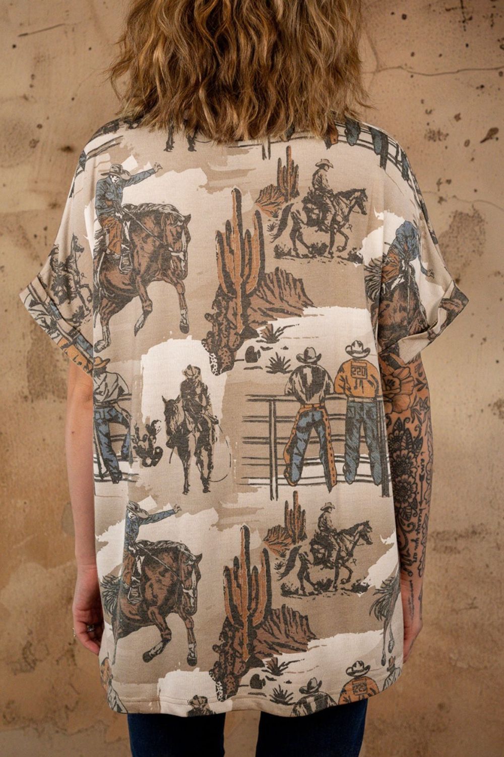 Cowboy Print Round Neck Short Sleeve T Shirt