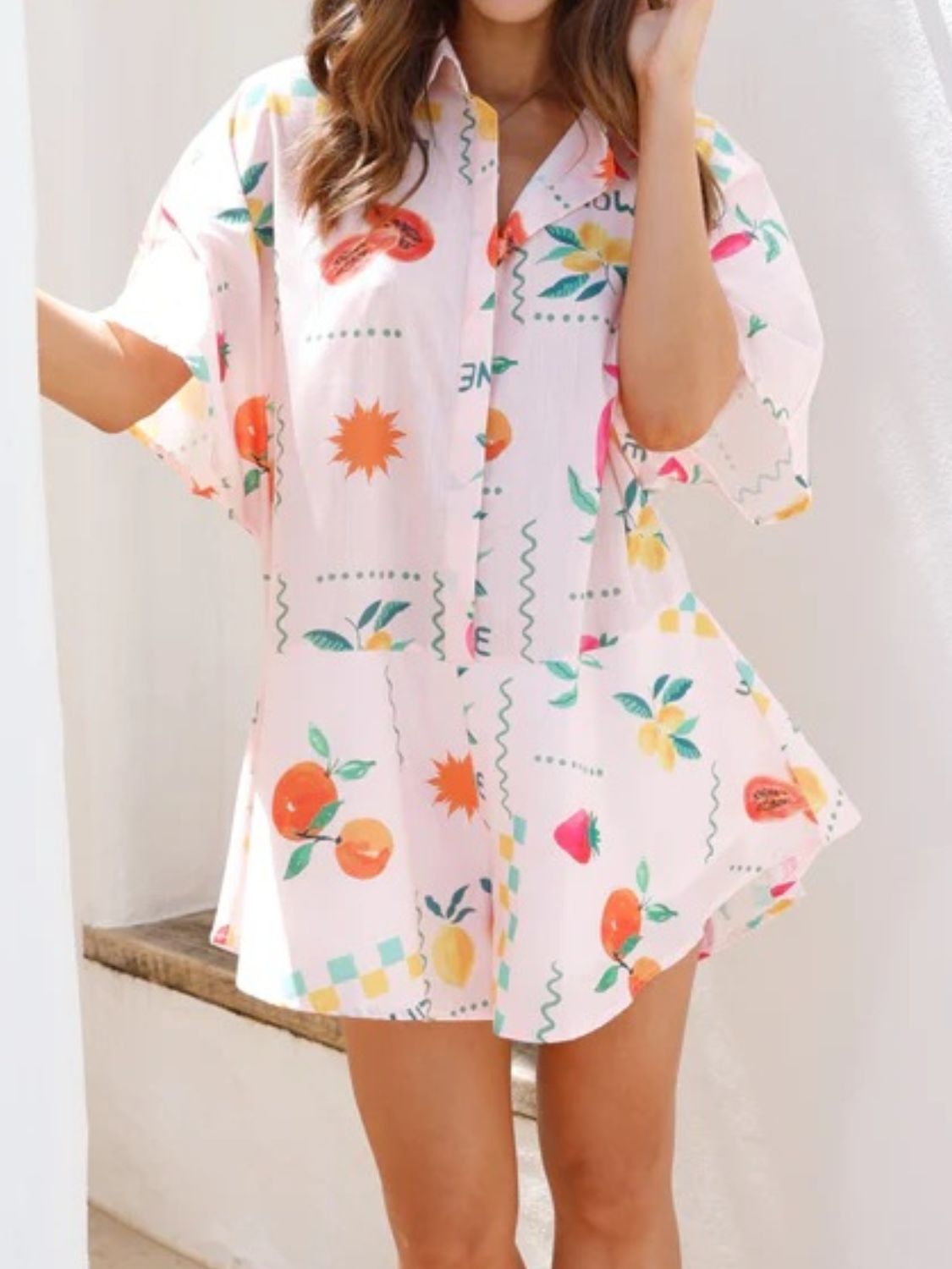 Printed Collared Neck Half Sleeve Romper - felvior
