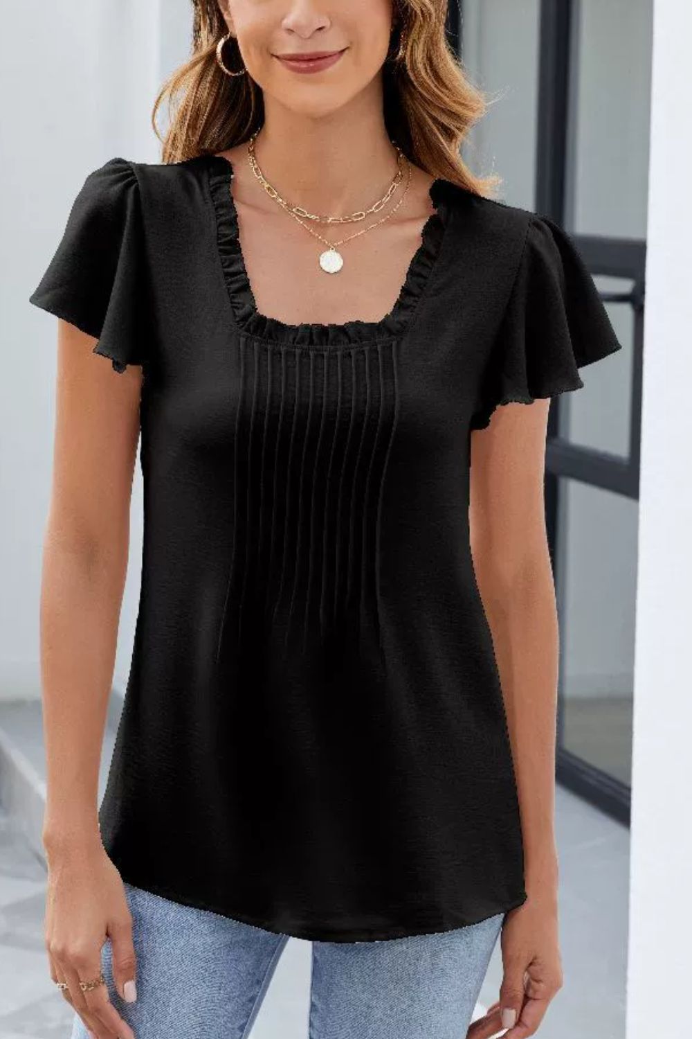 Frill Square Neck Flutter Sleeve Blouse