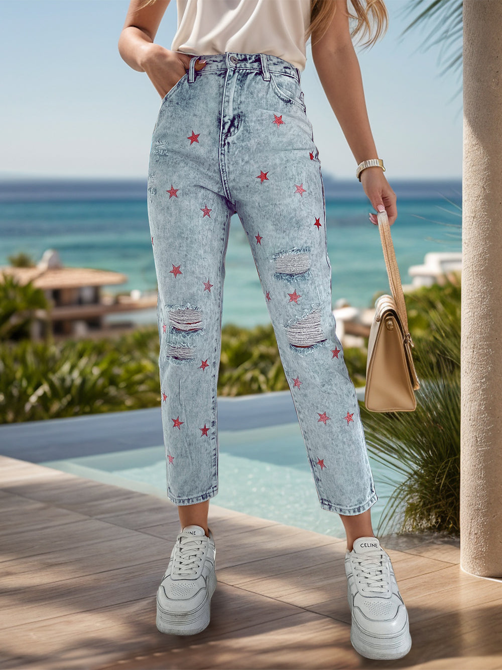 Distressed Star Jeans with Pockets - felvior