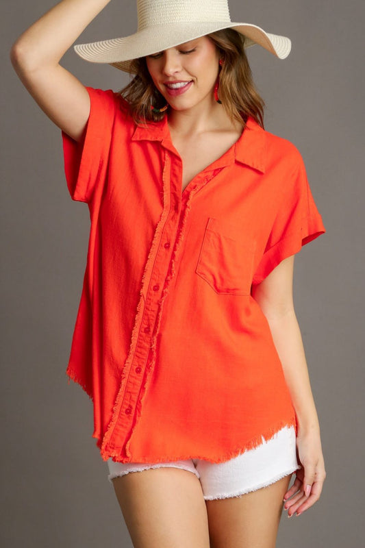 Umgee Full Size Linen Blend Button Down Short Folded Sleeve Shirt Plus Size - felvior