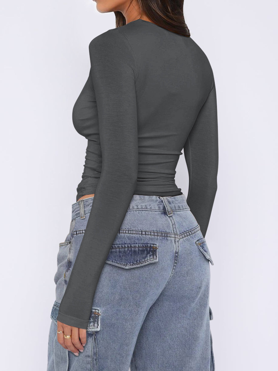 Ruched Asymmetrical Neck Long Sleeve T-Shirt - felvior