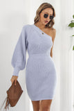 One Shoulder Raglan Sleeve Pencil Sweater Dress - felvior