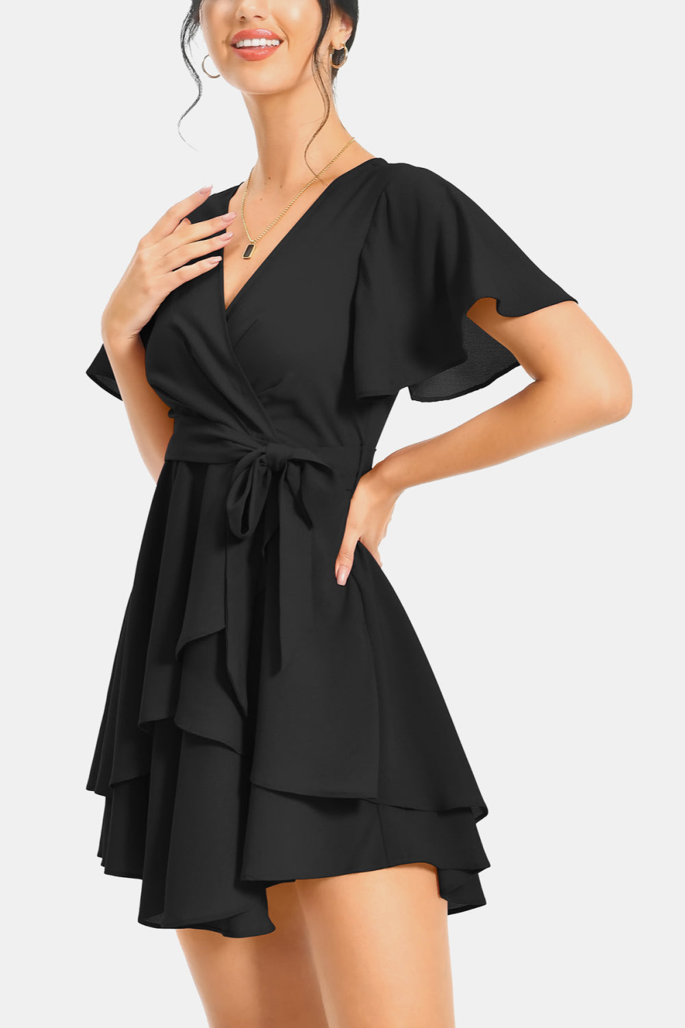 Surplice Neck Flutter Sleeve Dress - felvior