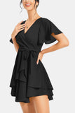Surplice Neck Flutter Sleeve Dress - felvior