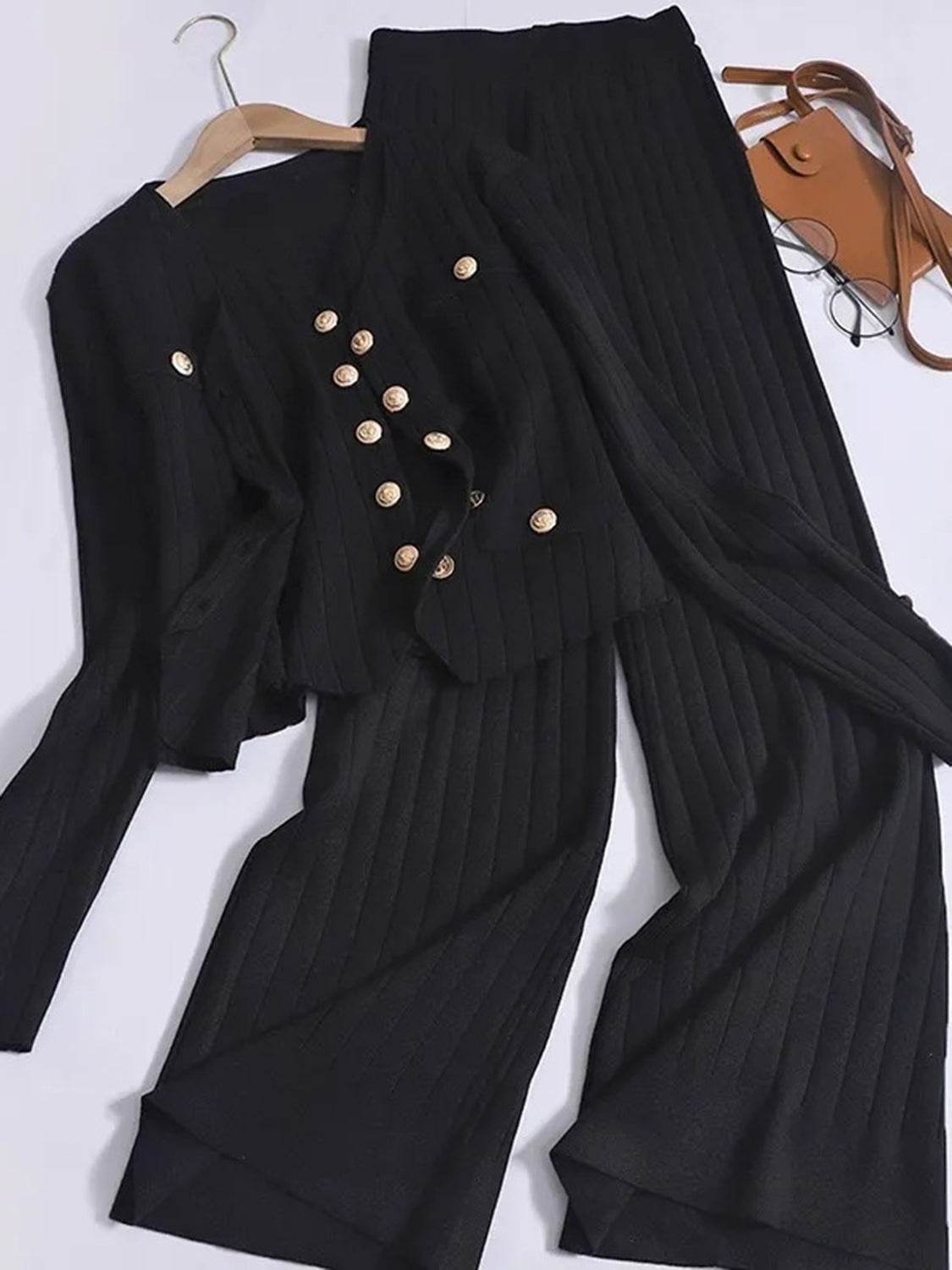 V-Neck Tank, Cardigan and Pants Three-Piece Sweater Set - felvior