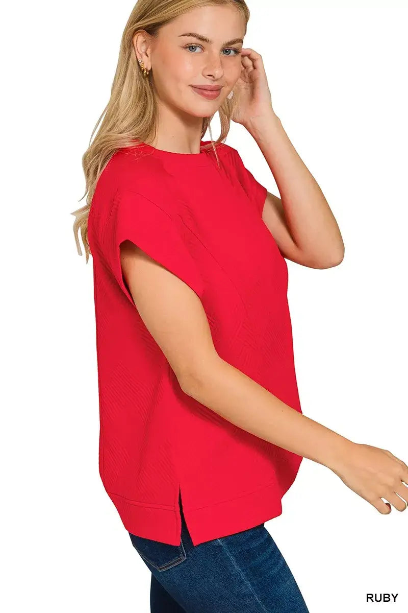 Zenana Textured Knit Jacquard Short Sleeve Top