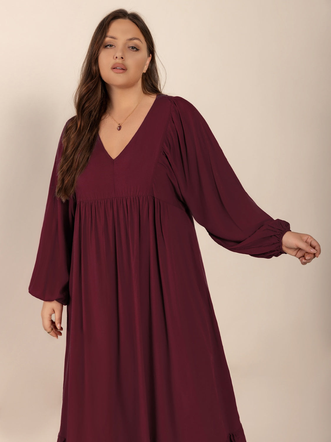 Plus Size Ruffled Hem V-Neck Balloon Sleeve Dress - felvior