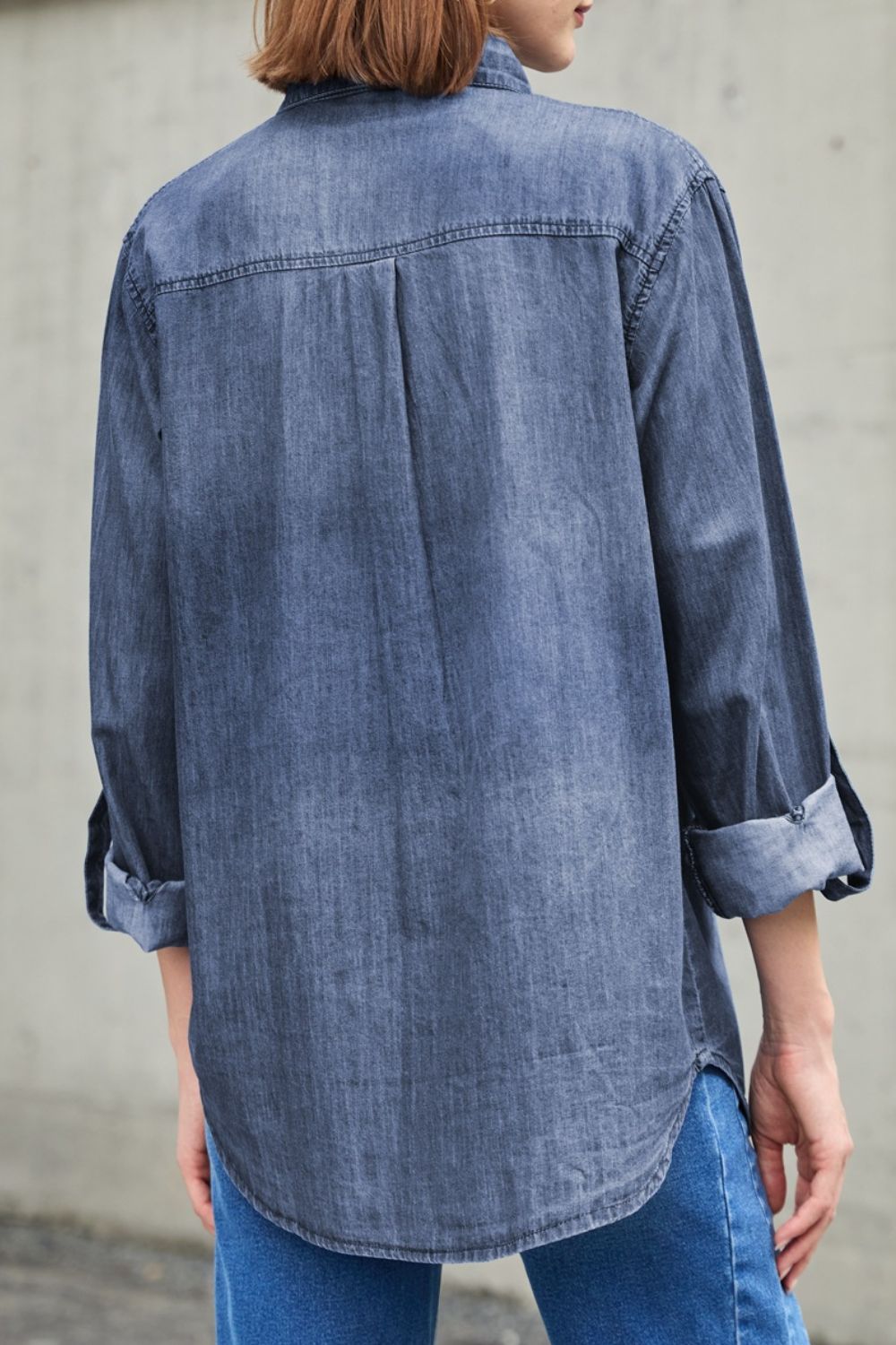 Pocketed Collared Neck Long Sleeve Denim Top - felvior