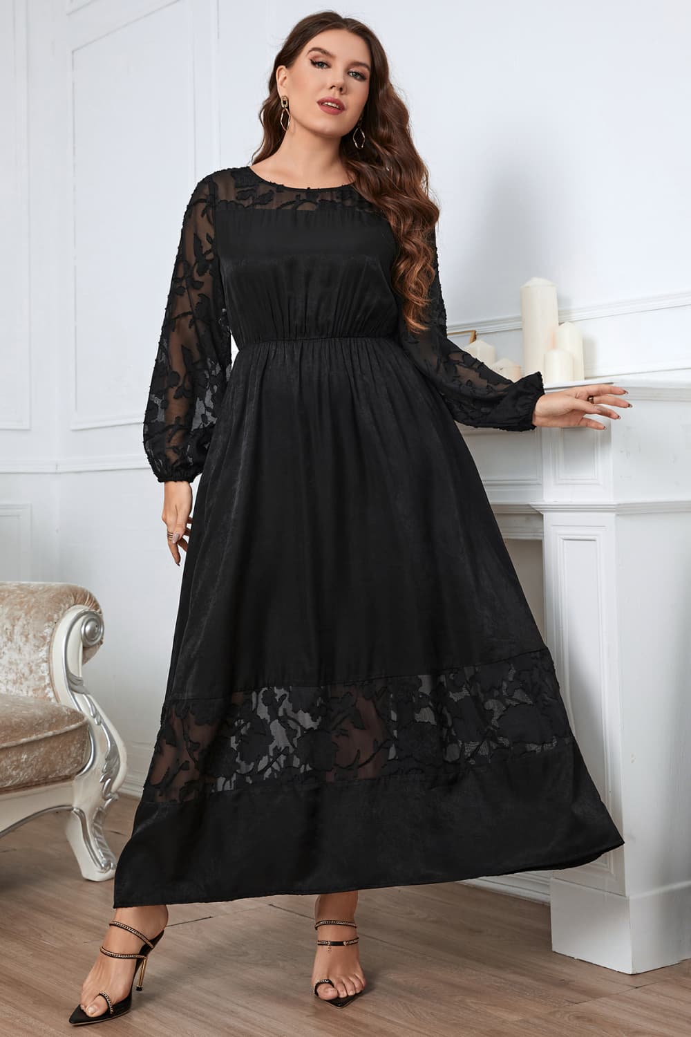 Honey Melo Apparel Plus Size Embroidery Round Neck Long Sleeve Maxi Dress - felvior