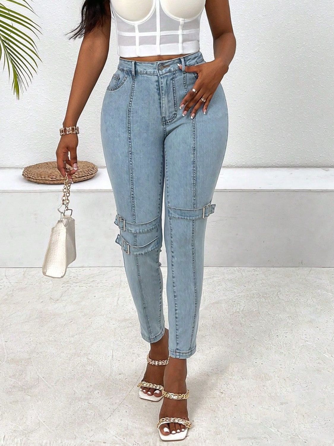 Decorative Buckle Skinny Jeans with Pockets - felvior