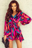 Printed Surplice Neck Tie Waist Dress - felvior