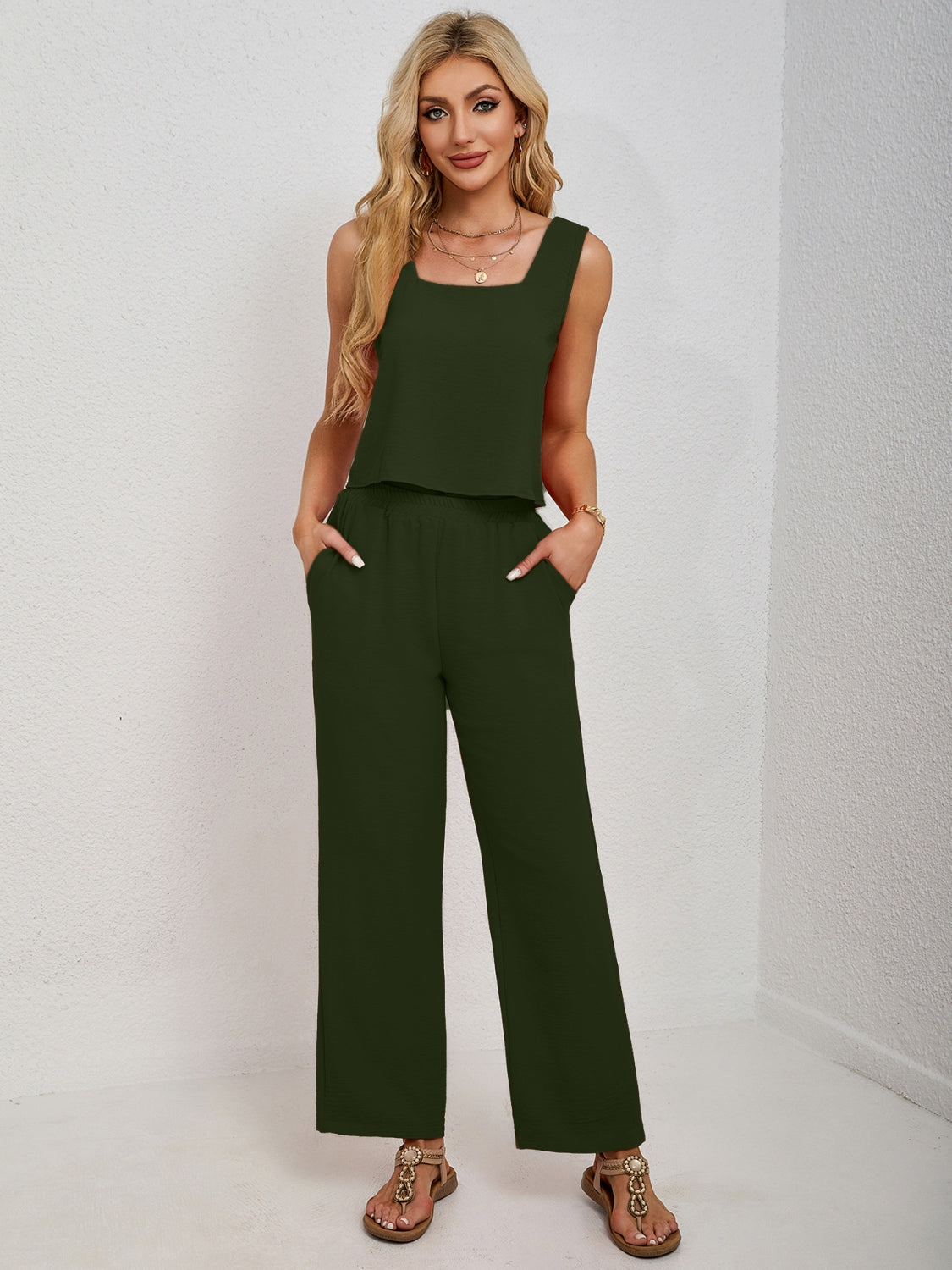 Square Neck Tank and Wide Leg Pants Set - felvior