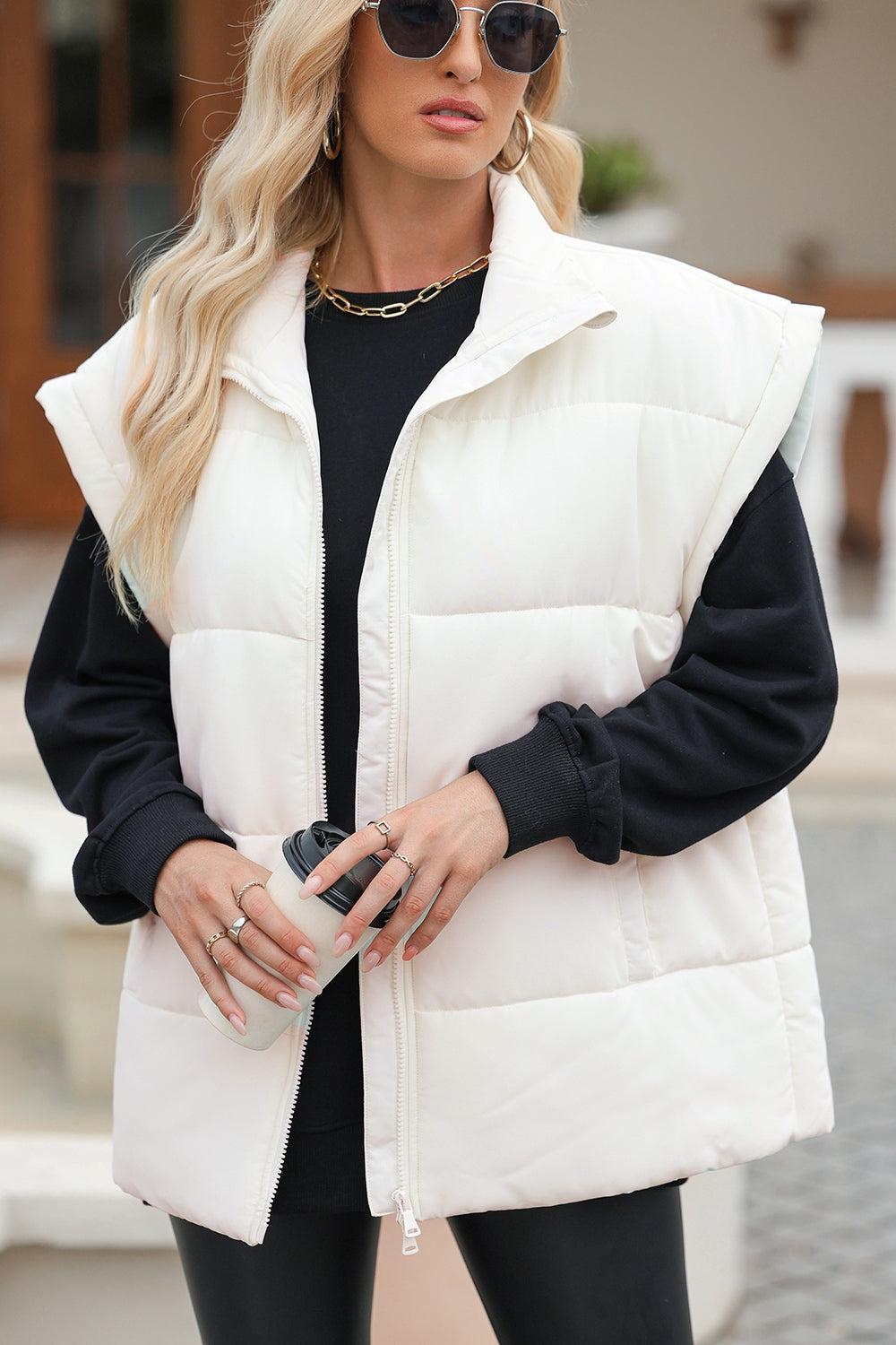 Zip Up Puffer Vest Coat with Pockets - felvior