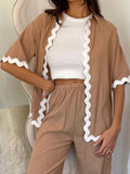 Contrast Trim Half Sleeve Top and Pants Set - felvior