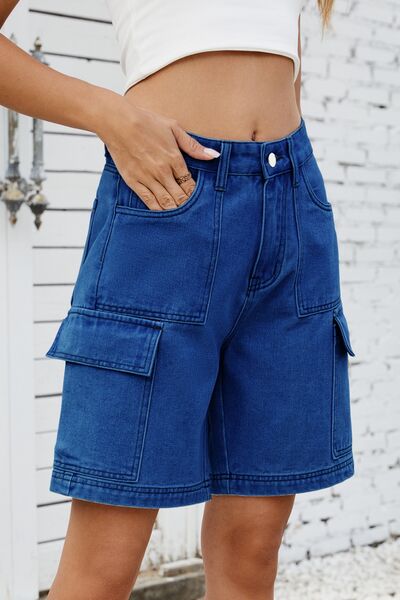 High Rise Denim Shorts with Cargo Pockets - felvior