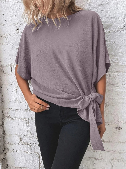 Knotted Round Neck Half Sleeve Blouse - felvior