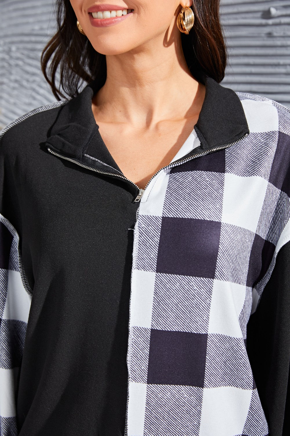 Plaid Exposed Seam Long Sleeve Blouse - felvior