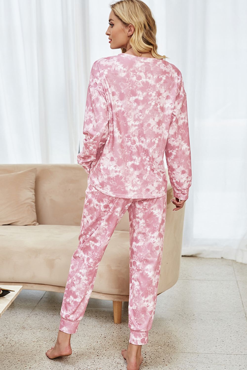 Shiny Tie-Dye Long Sleeve Top and Drawstring Joggers Lounge Set - felvior