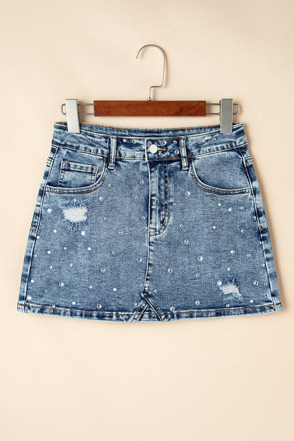 Rhinestone Distressed Denim Mini Skirt - felvior
