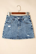 Rhinestone Distressed Denim Mini Skirt