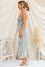 Washed Slit Back Tube Denim Dress
