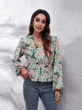Floral V-Neck Balloon Sleeve Peplum Blouse - felvior