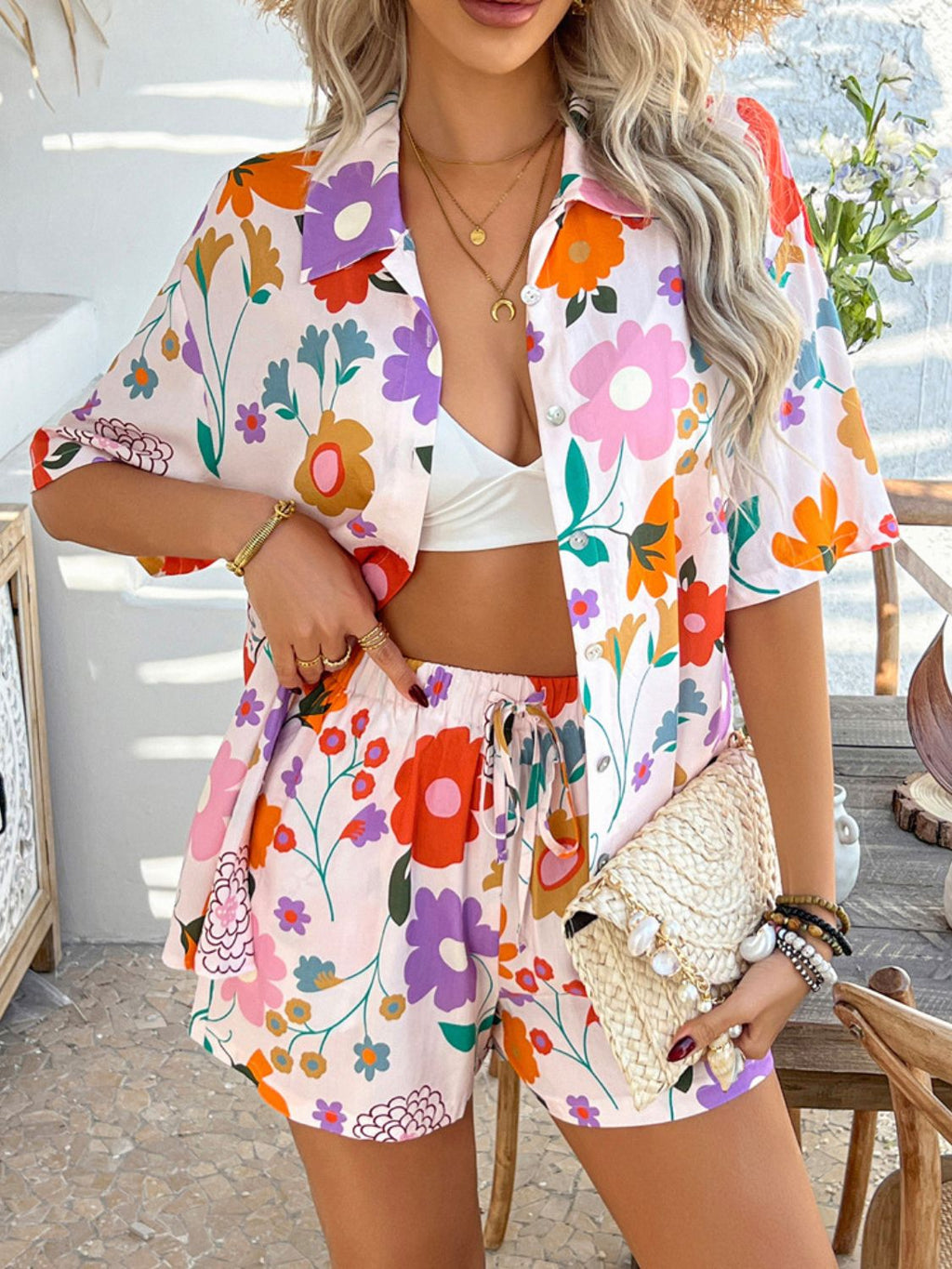 Devine Printed Button Down Shirt and Shorts Set