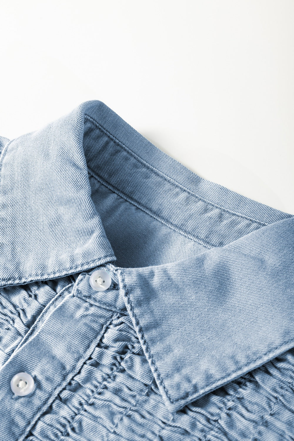 Smocked Collared Neck Cap Sleeve Denim Dress - felvior