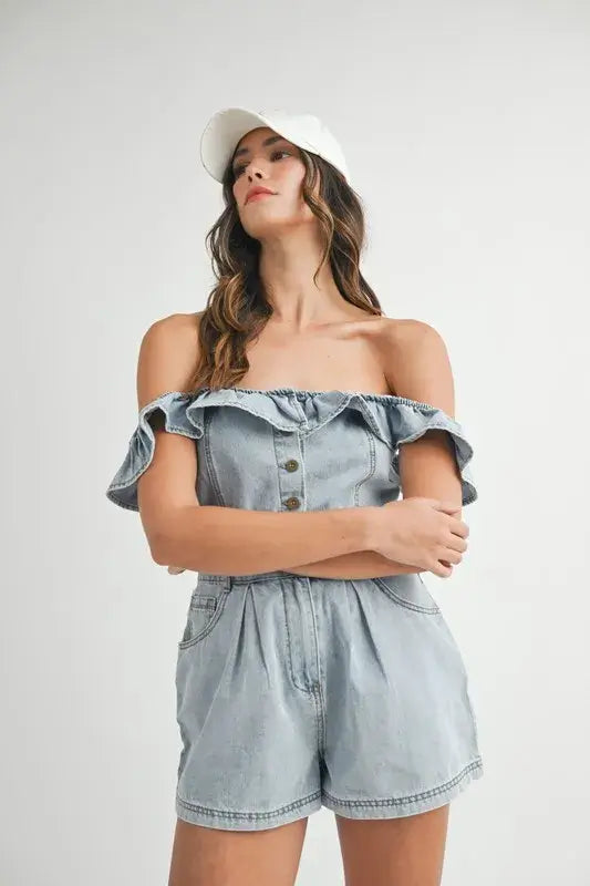 MABLE Off Shoulder Ruffle Detail Denim Romper