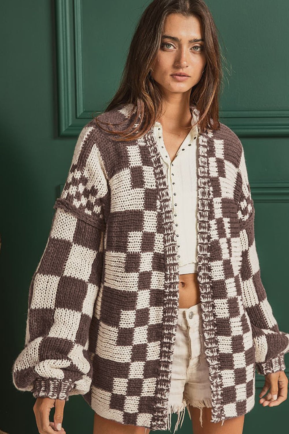 Checkered Open Front Long Sleeve Cardigan - felvior