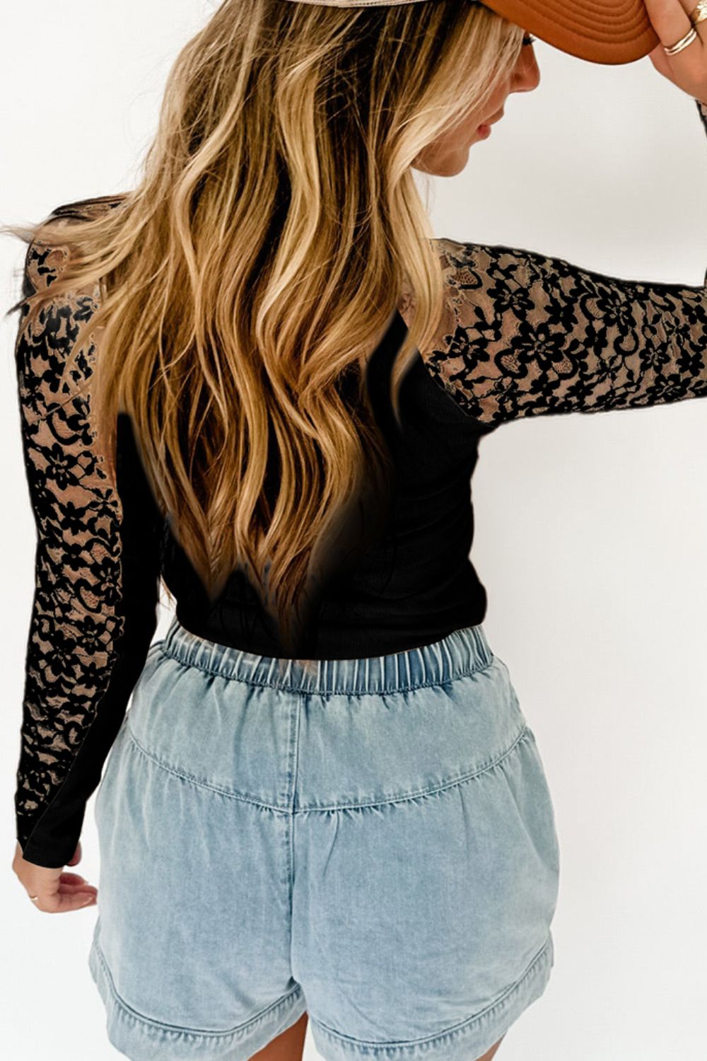 Mock Neck Long Sleeve Lace Patchwork T-Shirt Secondary image