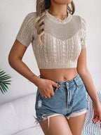 Cable Knit Openwork Round Neck Knit Top