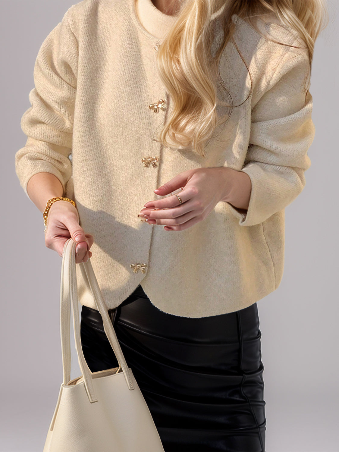 Bow Button Down Round Neck Long Sleeve Cardigan - felvior