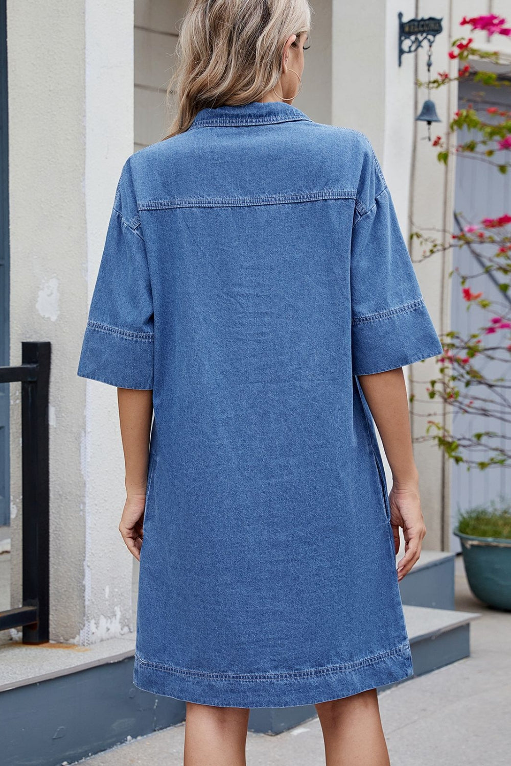 Johnny Collar Half Sleeve Denim Dress - felvior