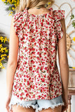 Ruffled Floral Round Neck Cap Sleeve Blouse - felvior