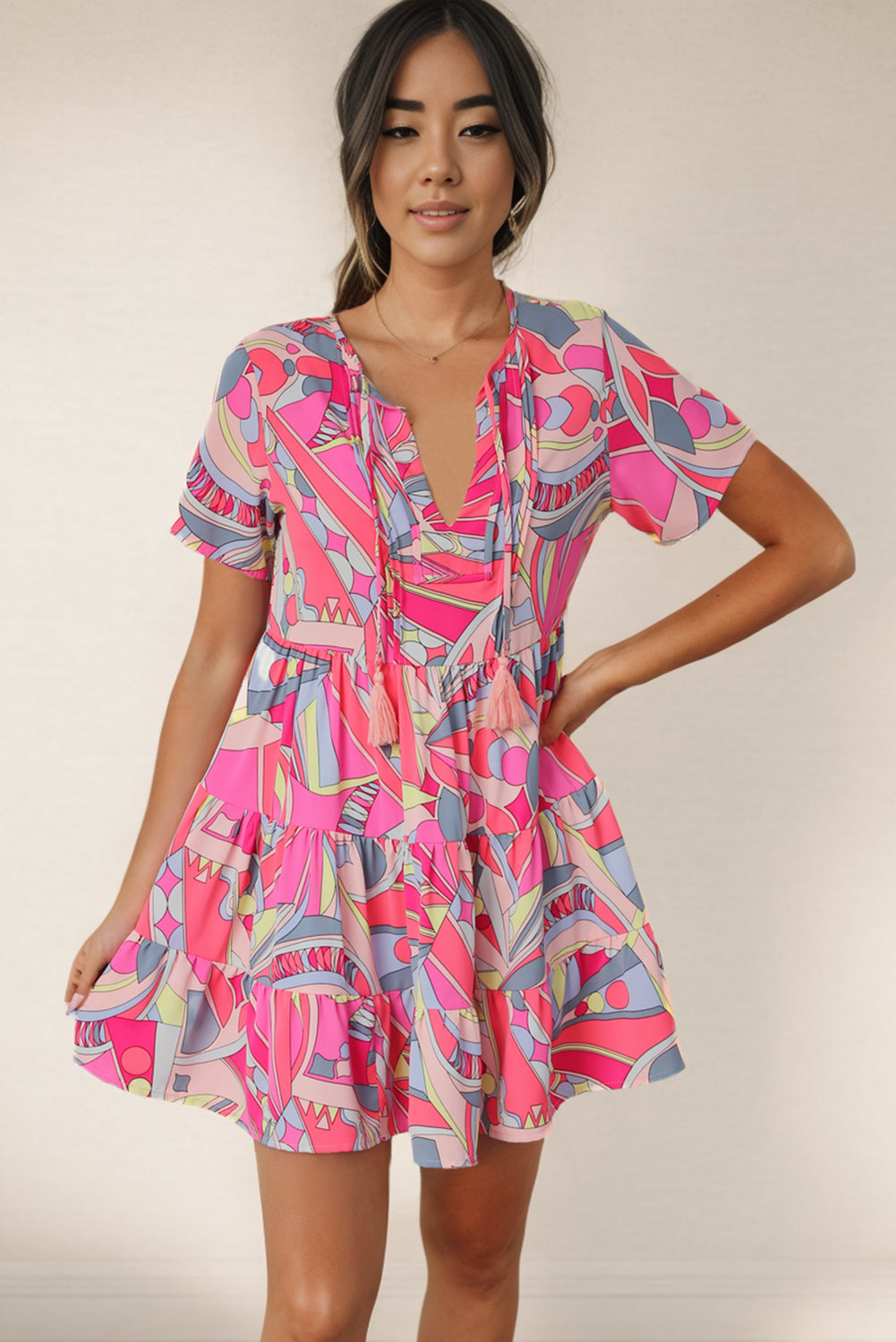 Multicolored Tie Neck Short Sleeve Tiered Dress - felvior