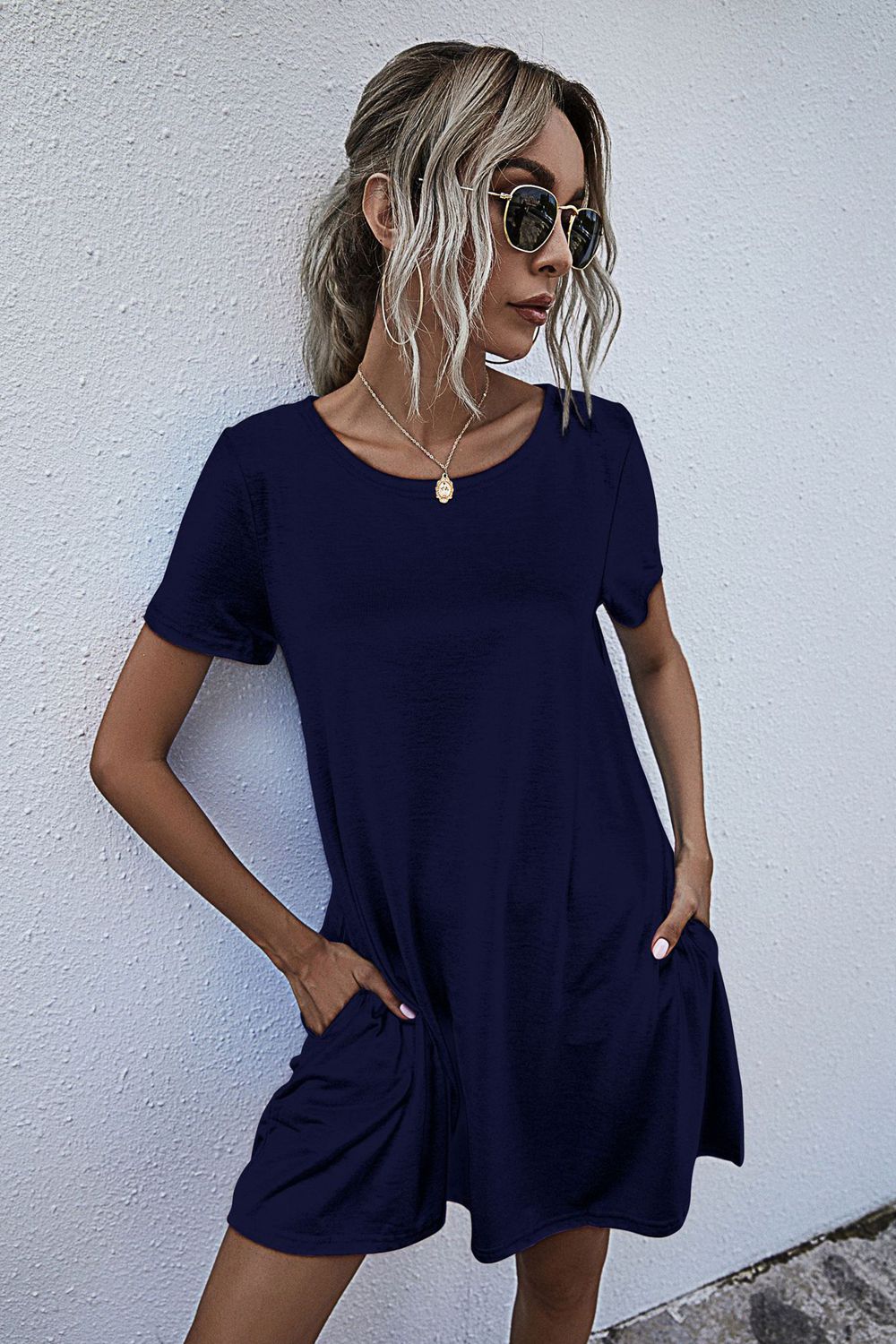 Round Neck Short Sleeve Mini Dress - felvior
