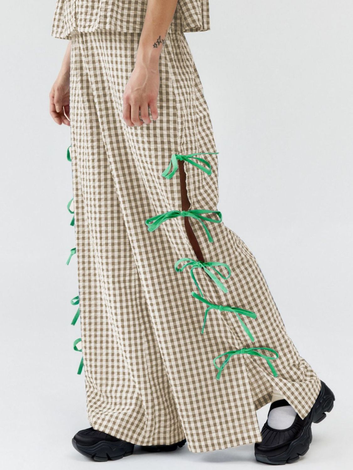 Side Tied Plaid Pants - felvior