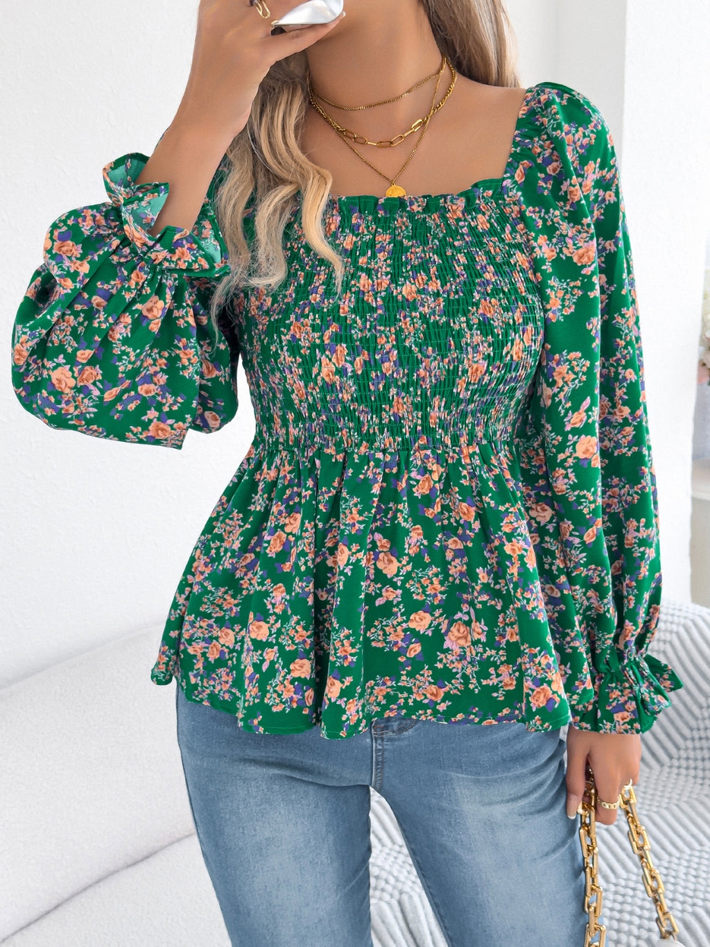 Floral Square Neck Flounce Sleeve Blouse