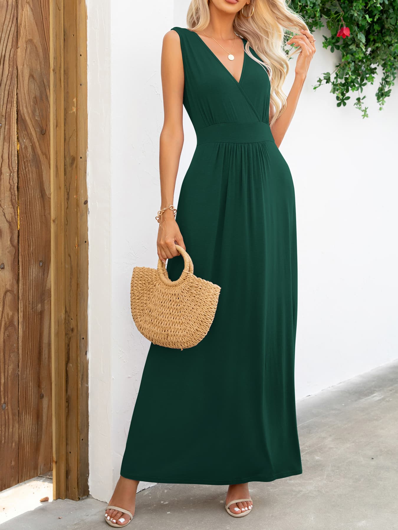 Surplice Neck Sleeveless Maxi Dress - felvior