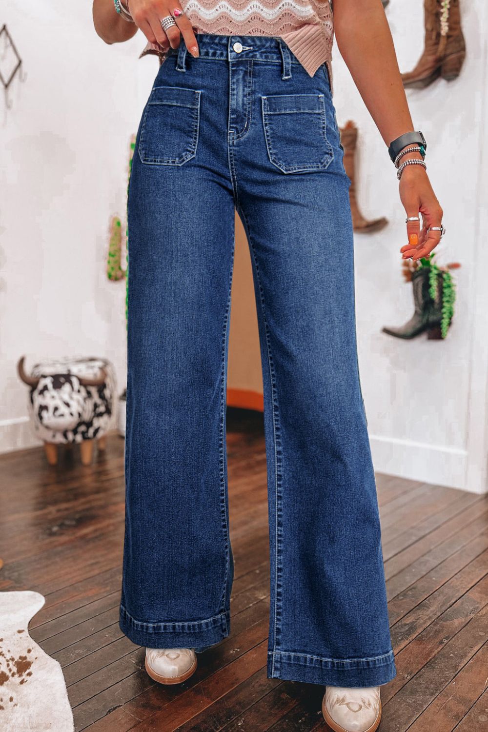 Front Pocket Patch High Waisted Wide Leg Jeans Hauptbild