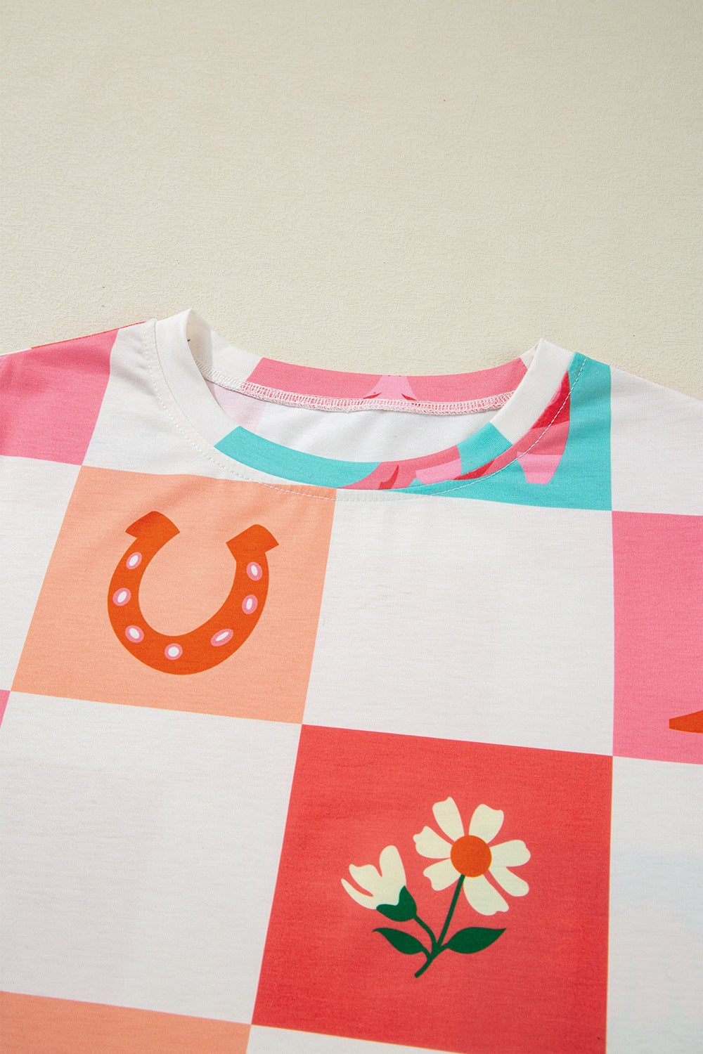 Checker Print Round Neck Short Sleeve T-Shirt - felvior