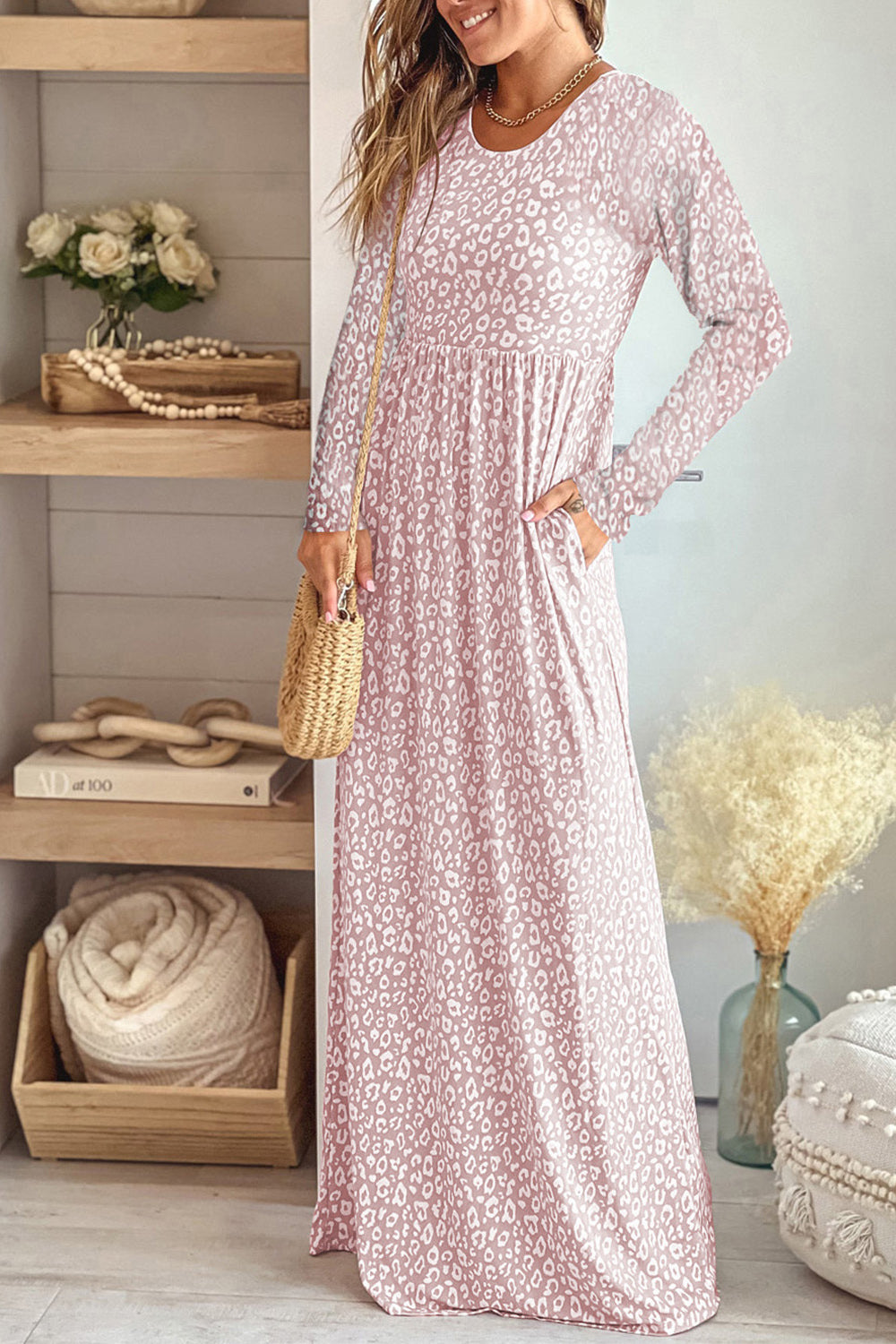 Leopard Round Neck Long Sleeve Maxi Dress - felvior